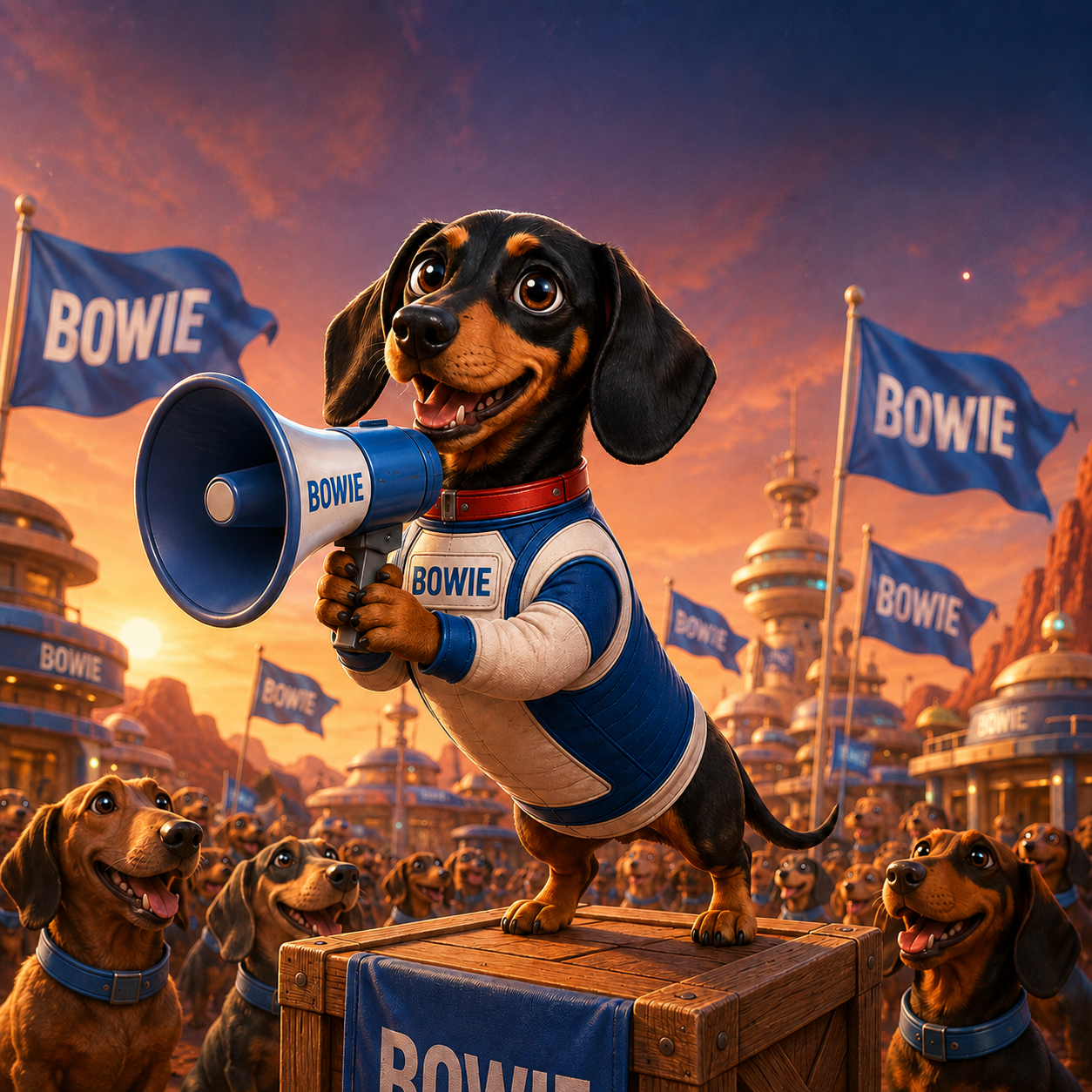 Bowie dachshund astronaut rallying a long-dog community on Mars