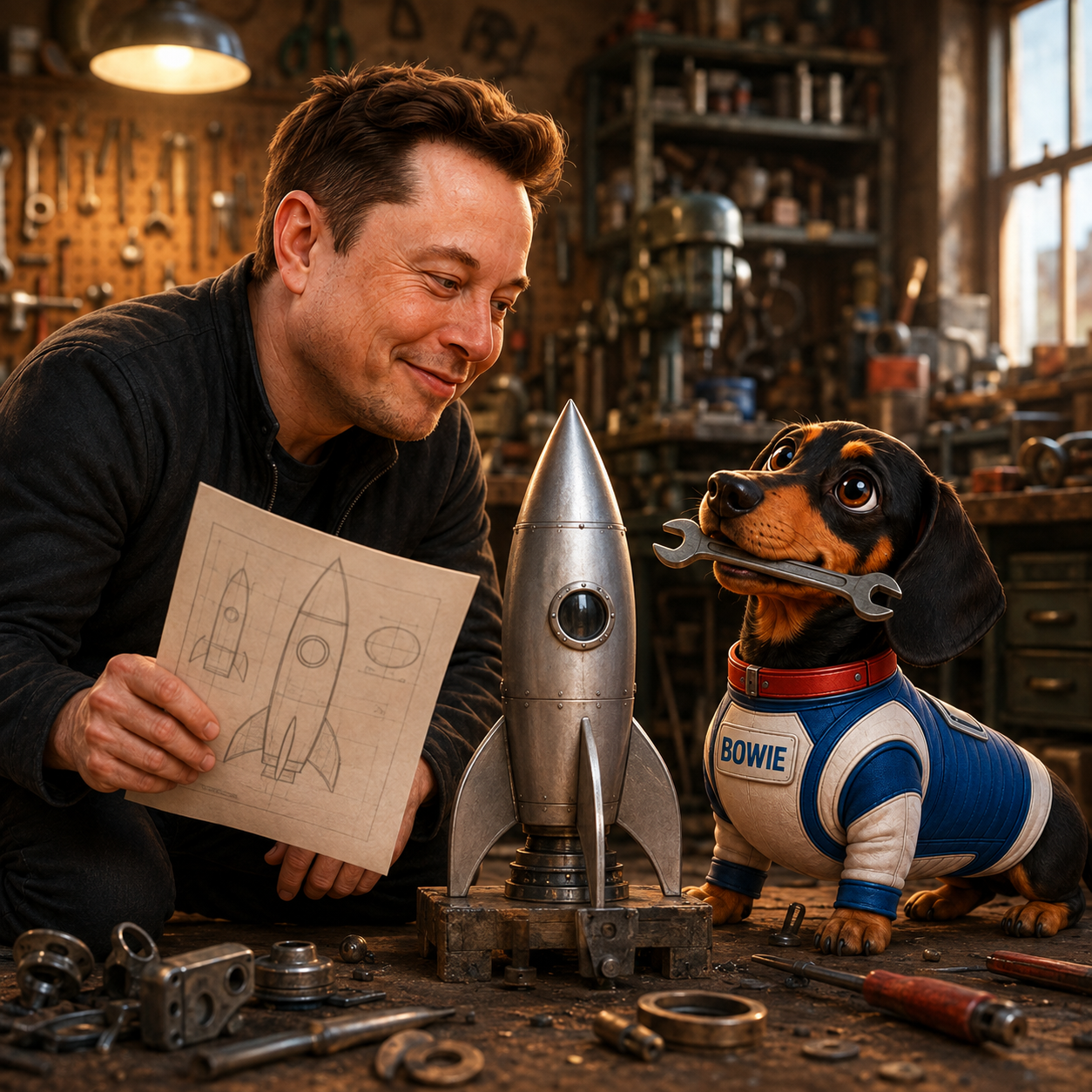 Elon workshop scene with Bowie dachshund and a rocket prototype