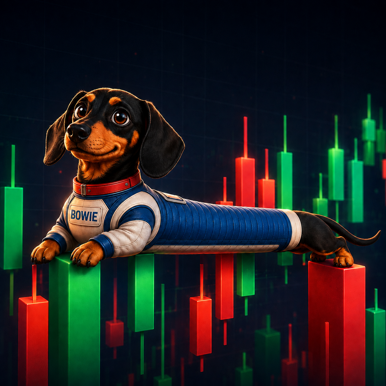 Bowie dachshund astronaut over a glowing trading chart