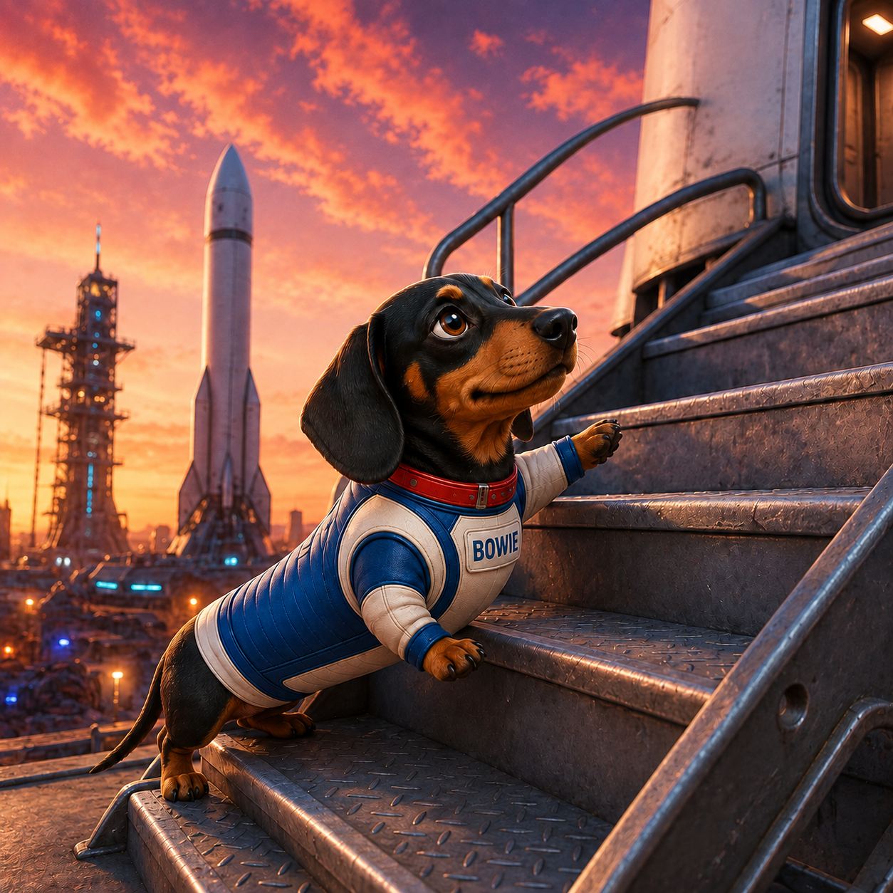 Bowie dachshund astronaut climbing spacecraft stairs near a rocket launch pad