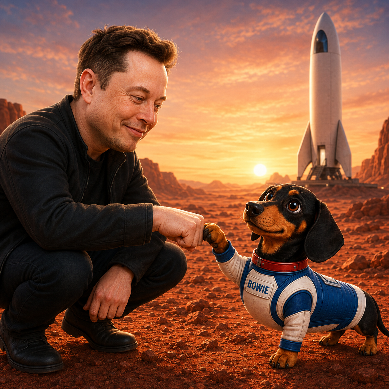 Elon and Bowie fist bumping on Mars beside a rocket