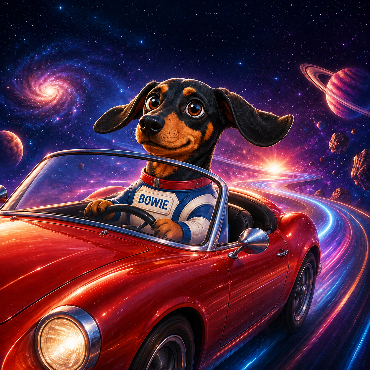 Bowie dachshund astronaut driving through a glowing deep-space orbital road